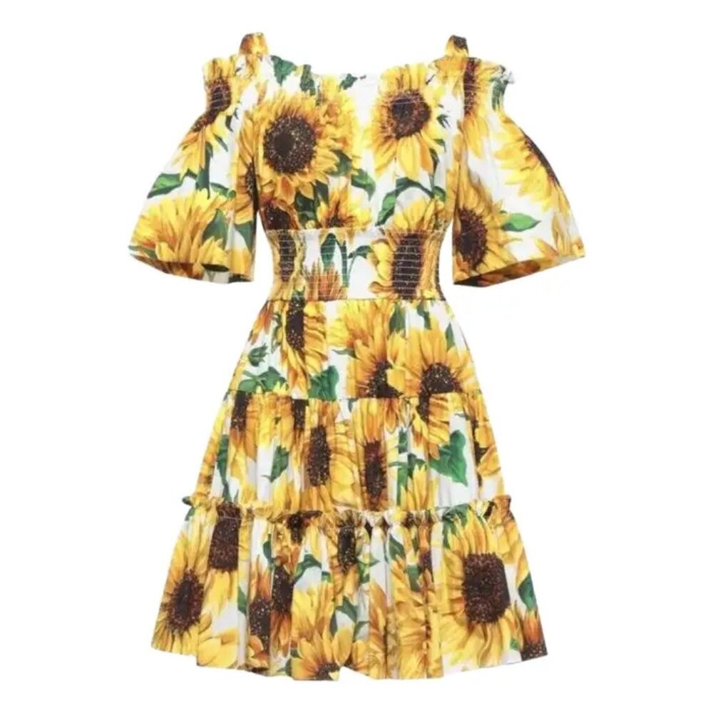 Dolce & Gabbana Sunflower Cotton Poplin Mid Length Dress, Size IT46/ US 8-10